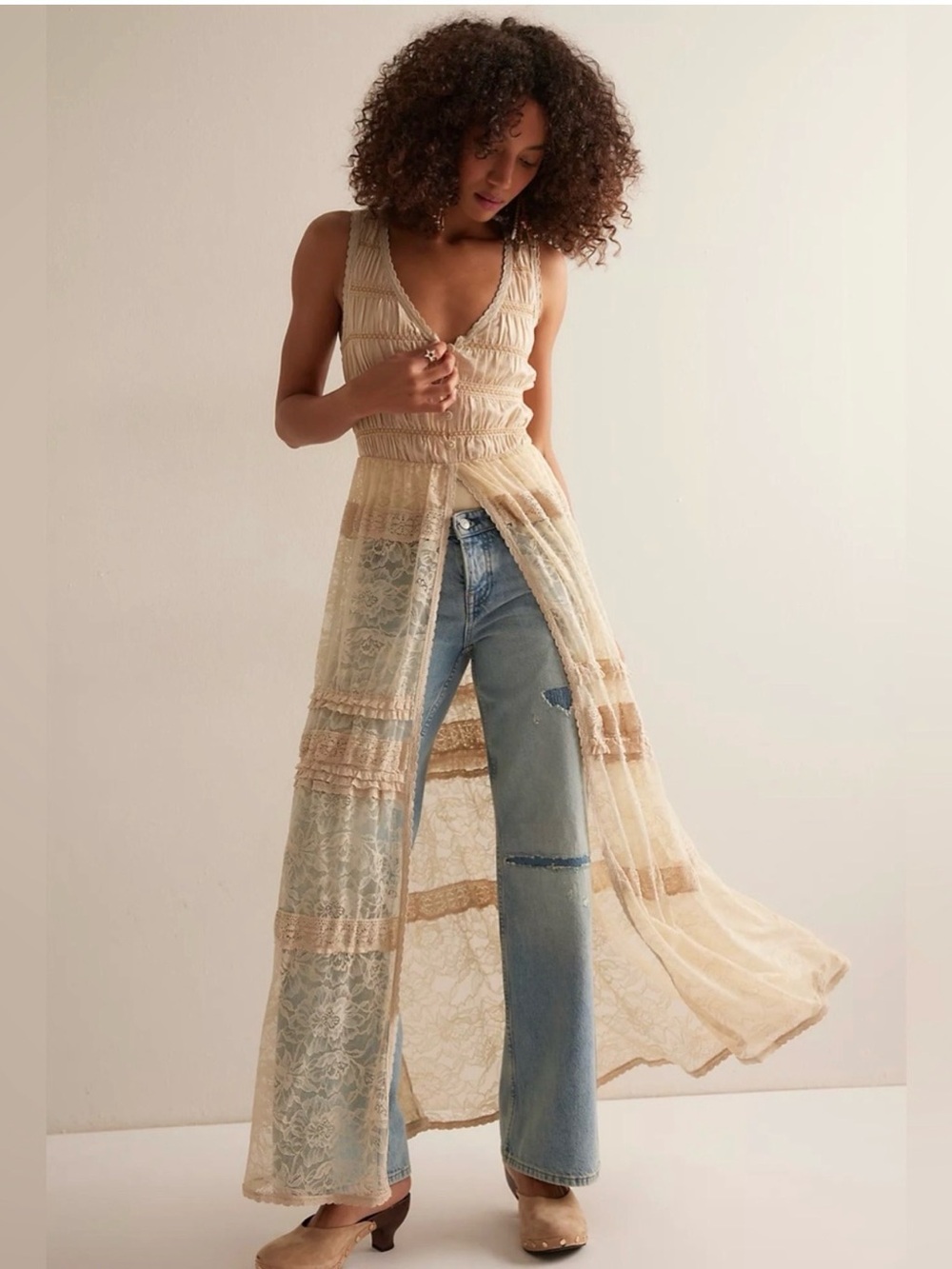 Free People Cream Lace Sleeveless Long Bodysuit Cover-Up